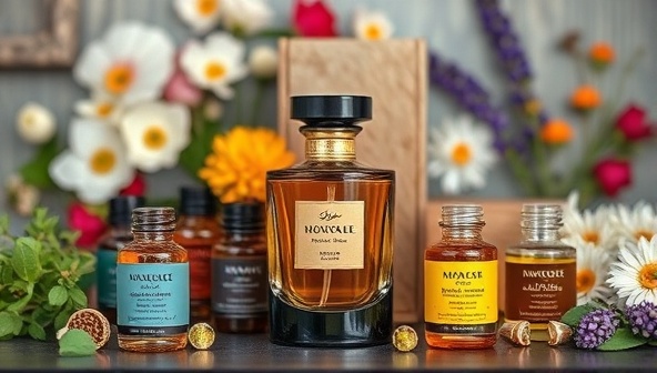 An elegant perfume bottle surrounded by colorful bottles of essential oils and fragrance notes, set against a backdrop of blooming flowers and aromatic herbs, evoking a sense of luxury and bespoke craftsmanship.