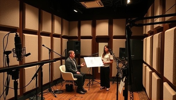 An audio recording studio setup with microphones, soundproofing panels, and recording equipment, featuring voice actors performing a scene from a fictional story, capturing the immersive and creative atmosphere of audio storytelling at SoundScribe Studios.