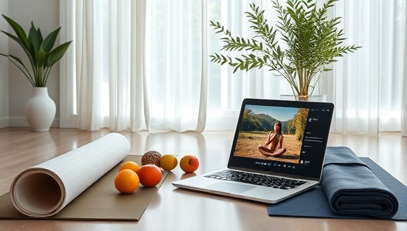 A calming virtual wellness space featuring yoga mats, fresh fruits, a laptop displaying a wellness session, and a serene background, evoking a sense of tranquility and self-care in the online realm.