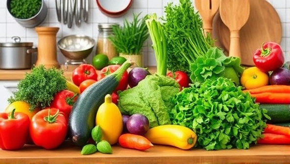 A vibrant kitchen scene with colorful vegetables, herbs, and cooking utensils on a wooden countertop, conveying freshness and a focus on plant-based cooking.