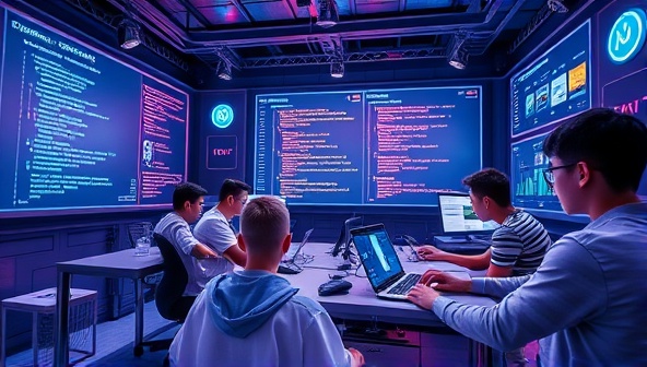 A futuristic and tech-inspired virtual coding lab setting with teenagers immersed in coding projects, interactive screens displaying lines of code, and digital gadgets, reflecting the dynamic and innovative learning environment offered by CodeCraft Teens' coding bootcamps.