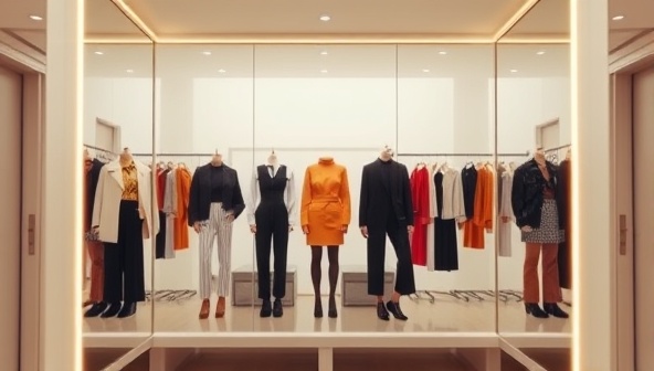 An elegant virtual fitting room with a digital mirror reflecting various outfit options, showcasing a modern and tech-savvy approach to personal styling.
