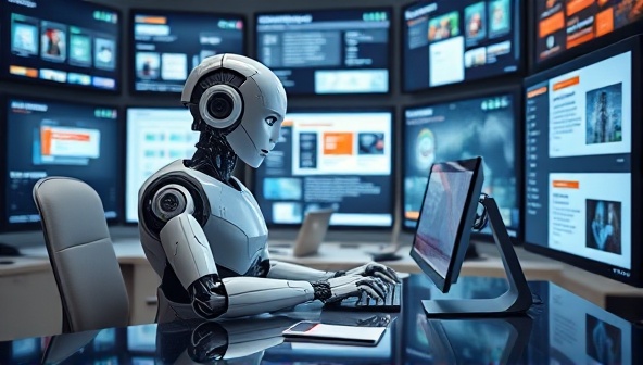 An AI-powered robot sitting at a sleek desk typing on a computer, surrounded by screens displaying various content formats being generated in real-time, symbolizing efficiency and innovation.