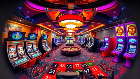 An immersive VR headset view of a virtual casino floor bustling with activity, featuring colorful slot machines, a bustling poker table, and a roulette wheel spinning, creating a futuristic and exciting gambling atmosphere.