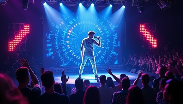 An immersive visual of a holographic music artist performing on a virtual stage, with the audience watching in awe as the hologram interacts with the crowd, creating a dynamic and engaging concert experience.