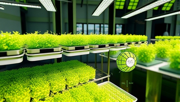 An artistic visualization of AlgaeVertica Solutions' vertical farming setup with vibrant green algae growing in specialized containers, highlighting the futuristic and eco-friendly approach to algae cultivation for sustainable applications.