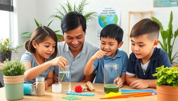 A family setting with children engaged in a DIY science experiment using recycled materials, colorful eco-friendly craft supplies, plants in the background, and a poster on environmental conservation, fostering a hands-on learning experience and environmental consciousness through EcoSciCrafts kits.