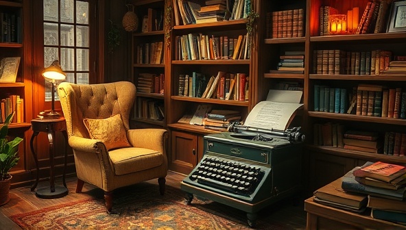 An enchanting writer's nook setting with a cozy armchair, a vintage typewriter, shelves of books, and a glowing subscription box filled with writing treasures and inspiration, surrounded by a magical ambiance of literary creativity and storytelling, inviting writers into a world of imagination and productivity.