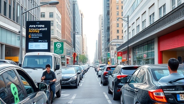 An urban streetscape bustling with activity, showcasing a digital display board indicating available parking spaces in real-time, with diverse drivers easily finding parking spots using a smartphone app, illustrating convenience and innovation in urban parking management.
