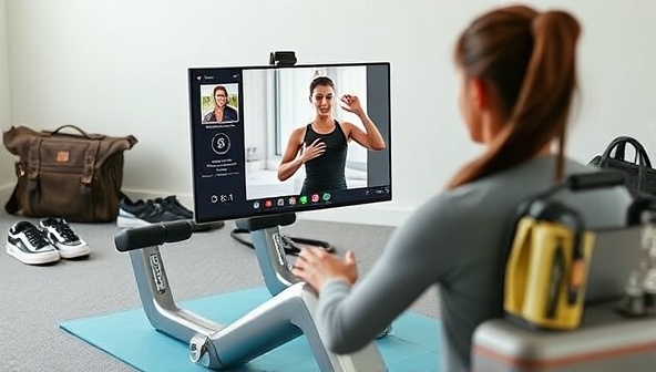 A virtual fitness coaching session scene featuring a fitness coach guiding a client through a workout routine via video call, with exercise equipment and travel essentials in the background, promoting a healthy and active lifestyle while on the move.