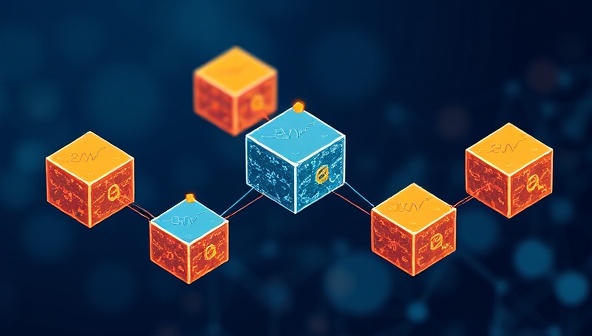 A blockchain-inspired design featuring interconnected blocks symbolizing secure transactions and transparent interactions between designers and clients on the BlockWeb Designs platform, conveying trust and innovation in the online marketplace.