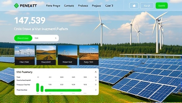 An inviting investment platform interface displaying renewable energy project profiles, financial performance metrics, and a green progress bar illustrating environmental impact, with a diverse portfolio of wind turbines and solar panels, conveying transparency and sustainability in investment choices.