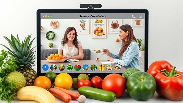 An artistic representation of a virtual nutrition consultation with a dietitian and client discussing meal plans and healthy food choices on a digital screen, surrounded by fresh fruits and vegetables, promoting holistic wellness and healthy living.