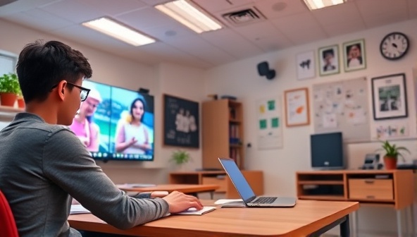 A vibrant virtual classroom setting with a student and tutor engaged in an interactive online lesson, showcasing a dynamic and effective learning environment.