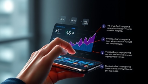 An innovative depiction of a user interacting with a sleek AI interface on a smartphone, with dynamic graphs illustrating financial trends, virtual assistant suggestions, and personalized budgeting recommendations, showcasing the power of AI in optimizing personal finance.