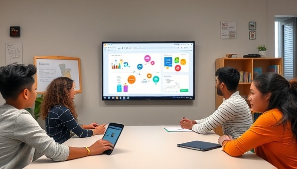 A virtual classroom setup with a diverse group of engaged students participating in an online tutoring session, a whiteboard displaying educational concepts, digital resources, and a supportive remote learning environment, highlighting the benefits of remote learning support services.