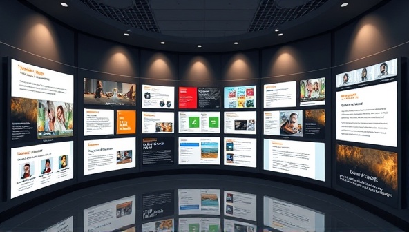 An artistic representation of a digital gallery showcasing diverse writing portfolios displayed on interactive screens, with creative visuals and text excerpts, surrounded by virtual networking icons and glowing testimonials, illustrating the versatility, professionalism, and networking potential of ProsePortfolios for writers and content creators in the digital realm.