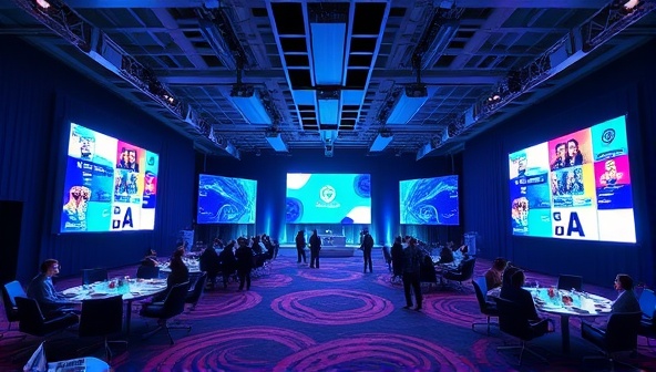 A dynamic virtual event setup featuring a digital conference hall with interactive screens, virtual networking lounges, and immersive 3D elements, illustrating the future of online event planning and engagement.