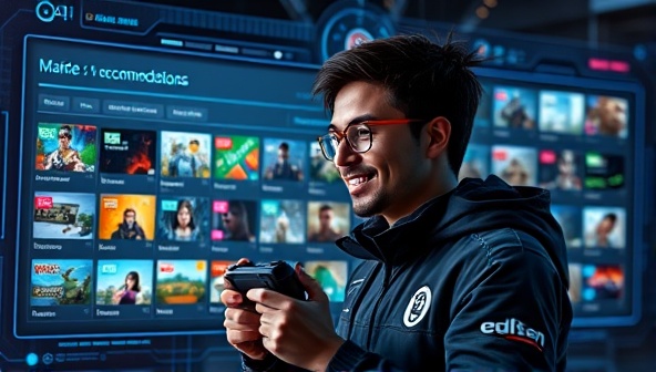 A captivating image of a gamer receiving personalized game recommendations on a digital screen, surrounded by a futuristic AI interface displaying various game options and genres, illustrating the seamless and tailored gaming experience provided by the platform.