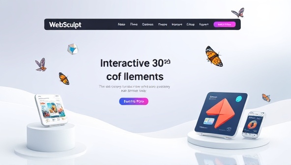 An artistic rendering of a website homepage featuring interactive 3D elements such as rotating product displays, animated icons, and visually striking graphics, illustrating the dynamic and engaging nature of WebSculpt 3D's design services.