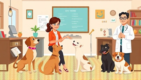 An animated virtual pet training session with a professional trainer guiding pet owners through obedience exercises, surrounded by happy pets demonstrating behaviors, training tools, and a virtual vet providing health tips, embodying the caring and educational nature of PetPals Virtual, set in a cozy and pet-friendly environment.