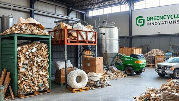 An industrial site showcasing the operations of GreenCycle Innovations' recycling center, with construction waste being sorted and processed into reusable materials, highlighting the eco-friendly and sustainable practices of the business.