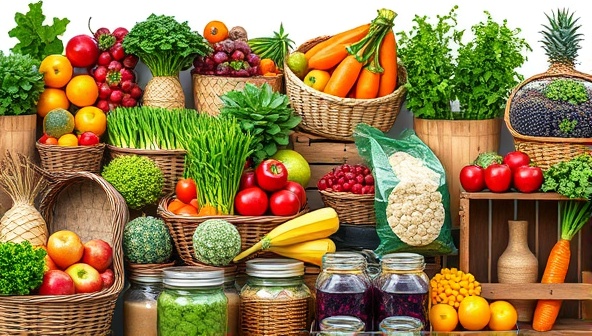 An engaging collage of various farm-fresh products, including colorful fruits, vegetables, and artisanal goods neatly arranged in baskets and crates, symbolizing the diverse and high-quality offerings available on the Agri-Tech E-Commerce Marketplace.