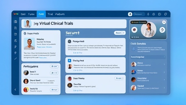 A virtual clinical trials platform interface displaying participant profiles, study details, and secure communication tools for remote monitoring and engagement, illustrating a seamless and efficient trial experience.