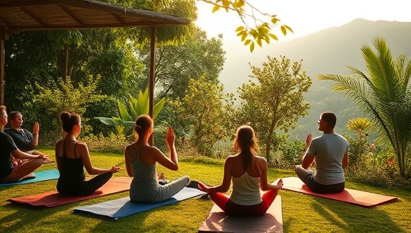 A tranquil retreat setting featuring a group of remote workers practicing yoga and meditation amidst lush greenery and calming natural surroundings, conveying a sense of peace, serenity, and holistic well-being at ZenWork Escapes.