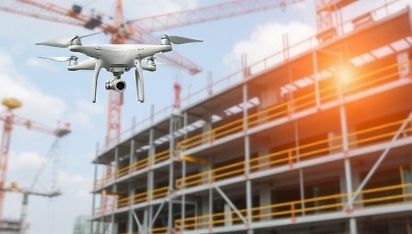 An advanced construction site equipped with IoT sensors and drones, capturing real-time data and monitoring various aspects of the project, illustrating the efficiency and precision of the BuildSense smart monitoring system in action.