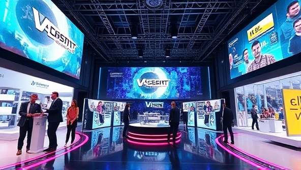 A futuristic virtual event venue with digital booths, interactive stages, and engaging audience interactions, set against a backdrop of virtual branding elements and dynamic event visuals, capturing the essence of innovative and immersive virtual event experiences.