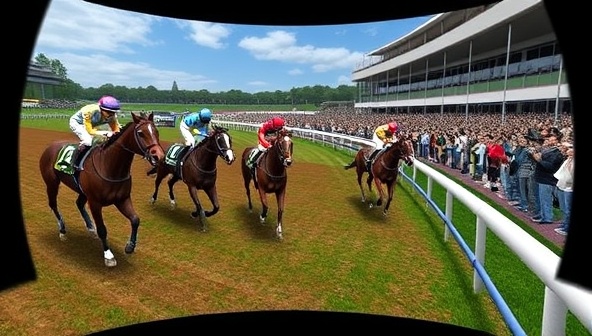 A virtual reality horse racing track scene on VirtualTrack Bets featuring realistic horse models, jockeys, and a cheering crowd, highlighting the immersive and thrilling experience of virtual horse racing betting simulations.
