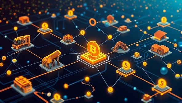 An innovative blockchain network illustration connecting mining companies, suppliers, and resources in a secure and transparent online marketplace, symbolizing efficiency and trust in digital transactions.