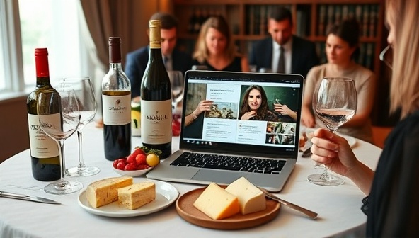An elegant virtual tasting setup with a selection of fine wines, gourmet cheeses, fresh fruits, and a laptop displaying a live wine pairing session, participants savoring the flavors and engaging in discussions, creating a sophisticated and sensory-rich gastronomic experience.
