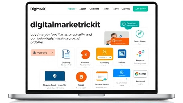 A digital marketing toolkit landing page mockup featuring various tools and resources neatly organized and displayed on a laptop screen, showcasing the diverse and practical resources available to subscribers through Digimark ProKit.