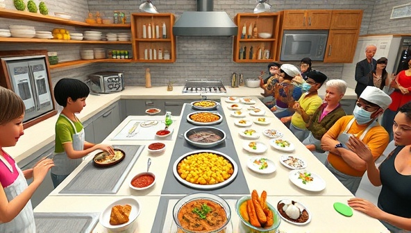 An interactive virtual kitchen scene with avatars cooking, baking, and presenting dishes in a digital cooking challenge, surrounded by cooking utensils, ingredients, and a virtual audience cheering and tasting the culinary creations, capturing the vibrant and flavorful atmosphere of CookOffWorld's online cooking challenges.