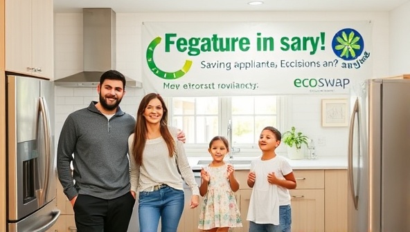 An image of a happy family in a modern kitchen, showcasing their new energy-efficient appliances received through the EcoSwap program, with a banner in the background promoting sustainability and savings.