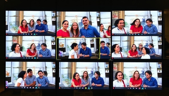 A virtual event setup featuring a diverse group of participants engaging in a team-building activity with a travel theme, displayed on multiple screens connected online, highlighting the seamless and immersive experience of remote travel event planning with NomadEvent Planners.