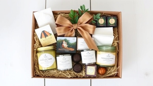 A beautifully arranged gift box filled with artisanal products such as handmade soaps, candles, chocolates, and small artworks, adorned with a rustic bow and foliage, exuding charm and elegance.