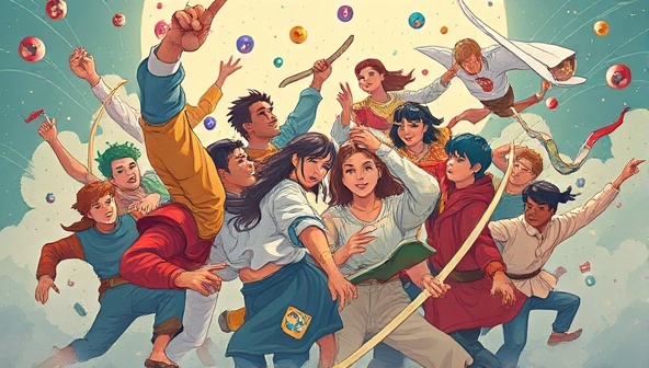 A dynamic visual of multiple users collaborating on a digital platform, each contributing to a shared story universe with diverse characters, settings, and plot twists, showcasing the essence of community-driven storytelling and creativity.