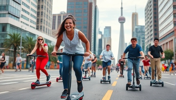 An action-packed image of a group of riders gliding through city streets on electric skateboards, with iconic urban landmarks in the background, capturing the energy and thrill of SparkSkate Tours' guided tours, with participants of diverse backgrounds and ages enjoying the adventurous ride.