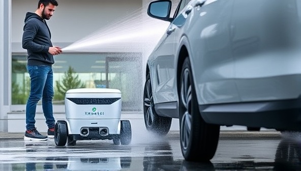 An autonomous cleaning robot in action, efficiently washing a vehicle's exterior while the owner watches, highlighting the futuristic and hands-free cleaning experience provided by SparkleBots.