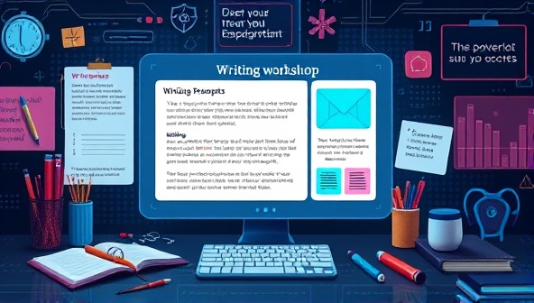 An artistic representation of an AI-powered writing workshop interface displaying personalized feedback, writing prompts, and skill development exercises, surrounded by virtual writing tools and inspirational quotes, fostering a dynamic and interactive learning environment.