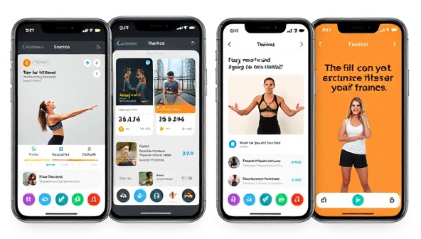 An engaging mobile interface showcasing workout screens, progress trackers, trainer interactions, and motivational quotes, portraying a virtual personal training experience that is dynamic, effective, and user-friendly.