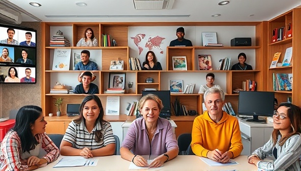 An interactive virtual language classroom setting with diverse participants engaging in language exercises, cultural discussions, and virtual immersion experiences, fostering a dynamic and inclusive language learning environment for learners of all levels.