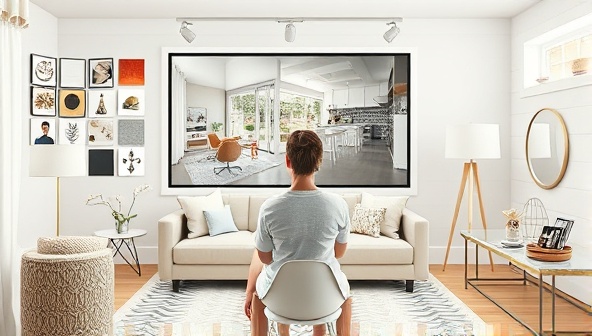 An artistic rendering of a virtual interior design consultation session, showing a designer interacting with a client through a digital platform, surrounded by mood boards, fabric swatches, and design samples, creating a seamless virtual design experience.