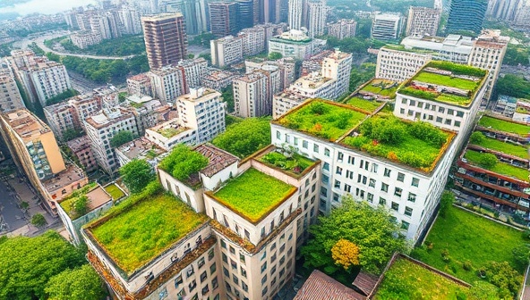 An aerial view of a cityscape with buildings adorned with lush green roofs, thriving with vegetation and colorful flowers, emitting clean and fresh air, transforming the urban environment into a green oasis of sustainability and wellness.
