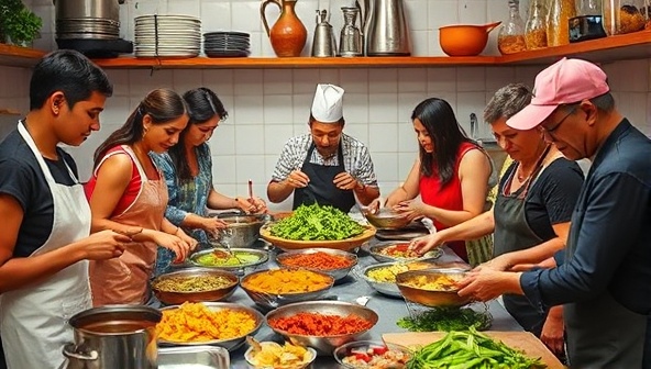 A vibrant kitchen scene with a diverse group of participants cooking together, surrounded by colorful spices, ingredients, and cooking utensils from various cultural backgrounds, under the guidance of a culinary expert, fostering a sense of cultural exchange, learning, and culinary unity.