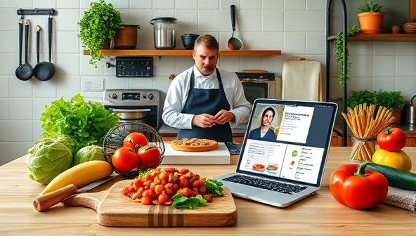 An immersive cooking class setup featuring a chef demonstrating a traditional recipe from Italy on a live stream, with fresh ingredients, kitchen utensils, and a laptop displaying cooking instructions, creating a vibrant and interactive culinary experience for users at home.
