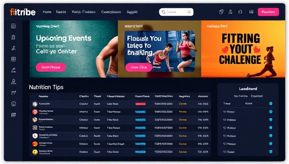 An online fitness challenge dashboard showcasing upcoming events, workout schedules, nutrition tips, and a leaderboard ranking participants' progress, featuring vibrant visuals and motivational quotes to inspire a sense of community and achievement within the FitTribe Challenge platform.